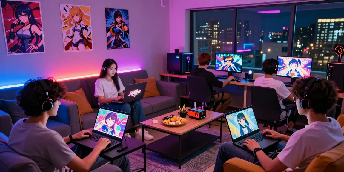 Friends enjoying ecchi games online together in a vibrant gaming lounge with colorful lighting.