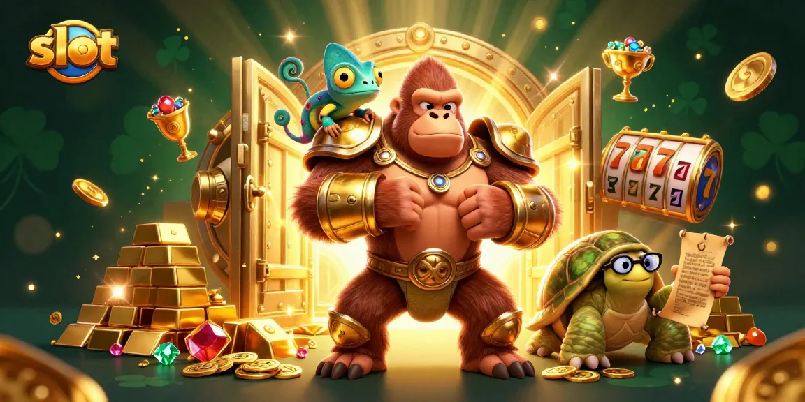 Spin the slot reels alongside a powerful gorilla king in a treasure-filled casino scene.