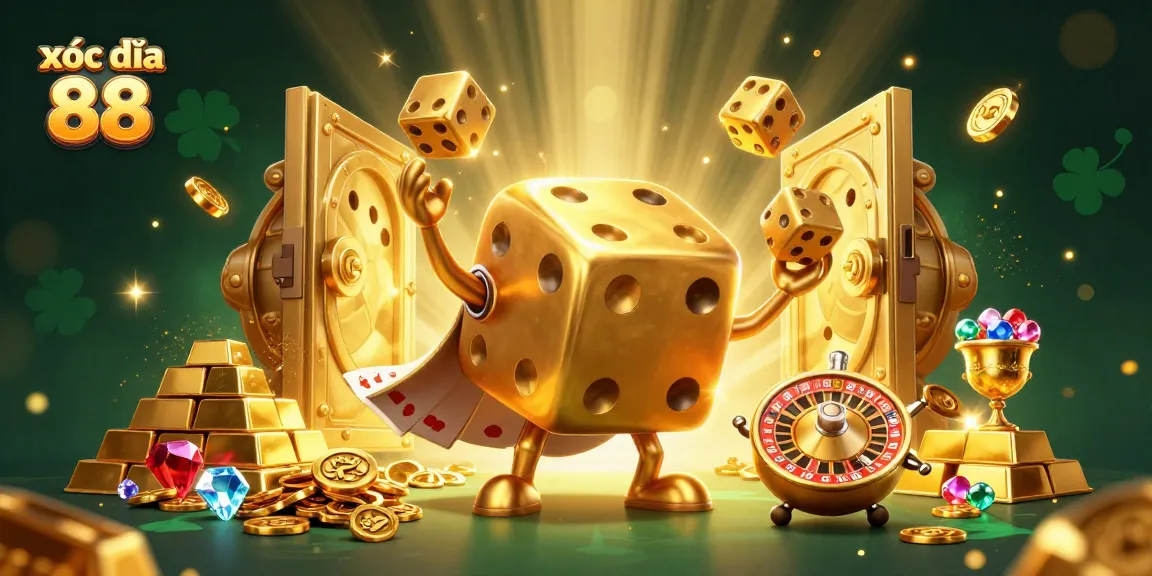 Engage in xóc đĩa 88 with a dazzling 3D depiction of a golden dice golem and treasures