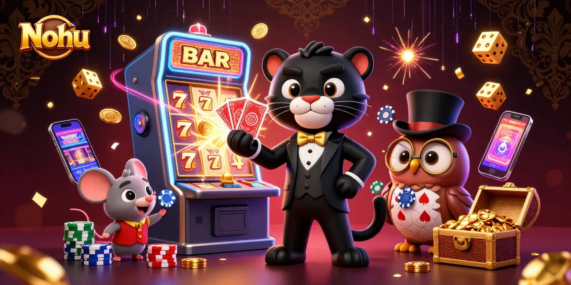 Nohu characters dealing cards among bursting slot machines and poker chips in a vibrant casino.