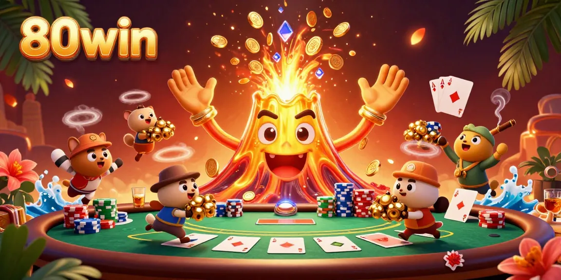 Experience the thrill of 80win with a golden volcano erupting coins and treasures alongside vibrant casino elements.
