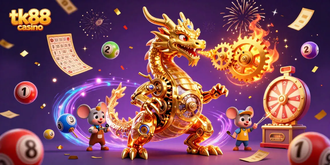 Win big at tk88 casino with a vibrant 3D dragon and lottery excitement!