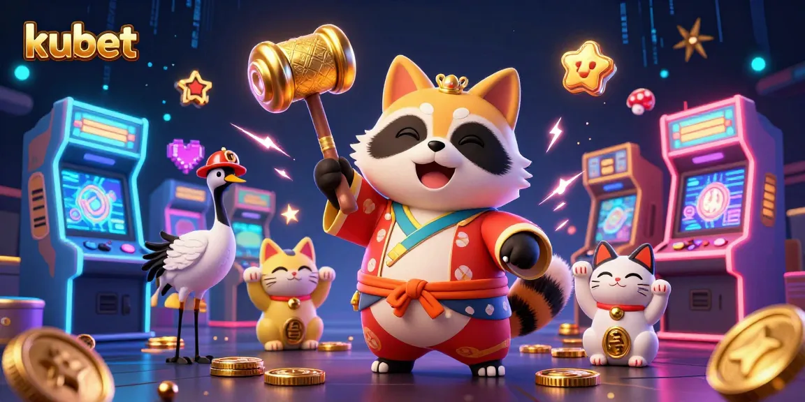 Experience winning moments at kubet with cheerful tanuki and lucky symbols in a vibrant casino scene.