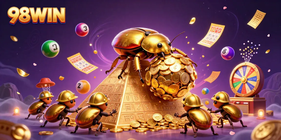 Engage with 98WIN's vibrant casino scene featuring bouncing lottery balls and golden tickets.
