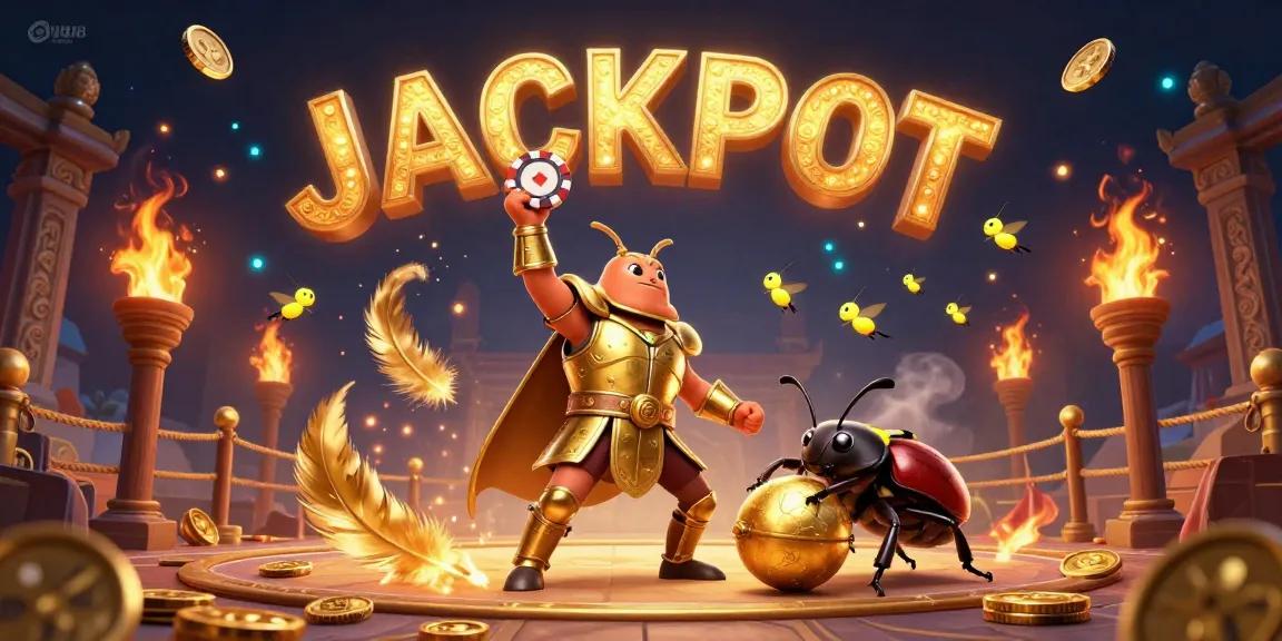 uu88 celebrates a victory in a vibrant 3D illustration showcasing a hero beetle and friends hitting the jackpot.