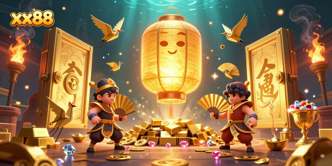 Experience the excitement of xx88 with a vibrant 3D casino scene showcasing golden lanterns and treasures.