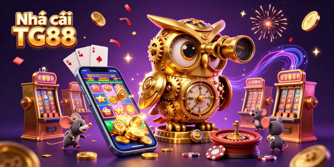 Engage with Nhà cái TG88 in a vibrant casino scene featuring a clockwork owl and lively slots.