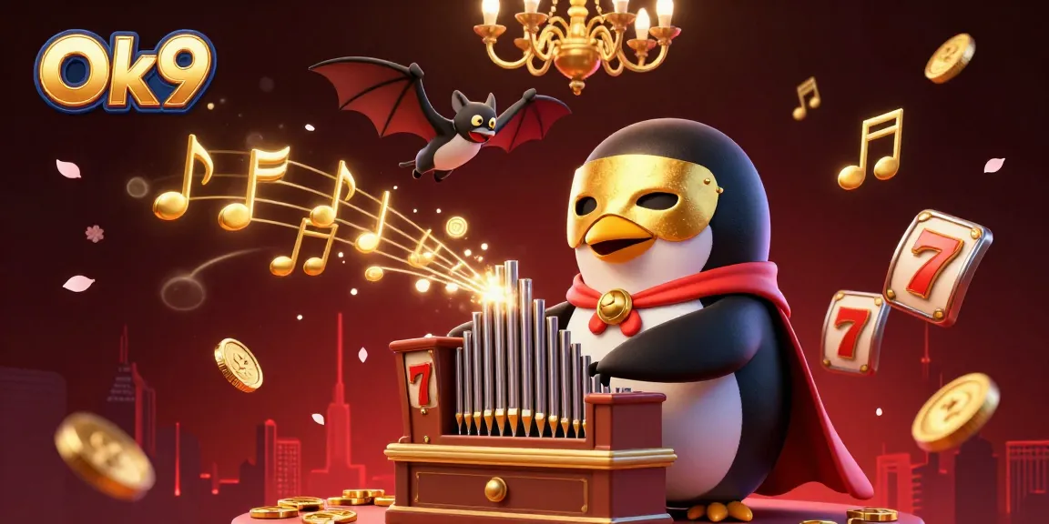 Experience the thrill of Ok9 as the phantom opera penguin plays the organ, launching golden coins amidst lucky symbols.