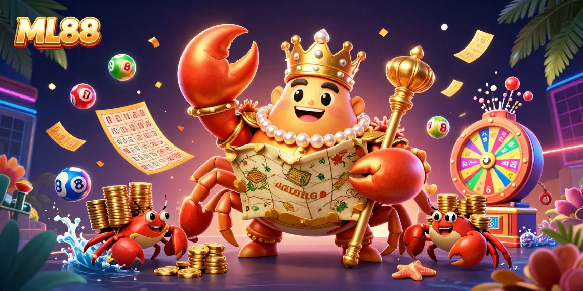 ML88 engages users with a vibrant 3D illustration featuring casino elements and lottery excitement.