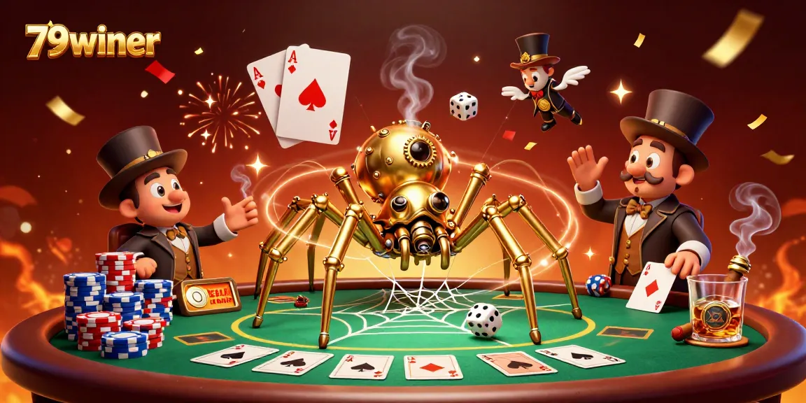 Bet big and win at 79winer, featuring a whimsical steampunk spider and poker elements.
