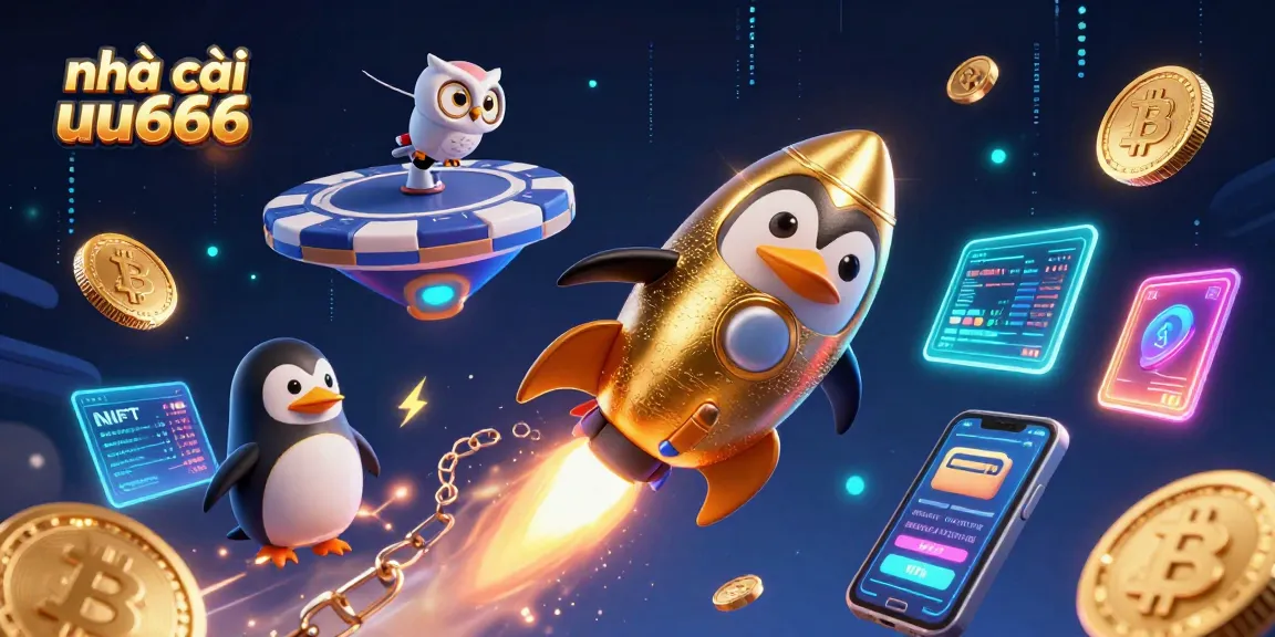 Experience the thrill of nhà cái uu666 with a dynamic cosmic scene featuring a golden penguin and casino-themed elements.