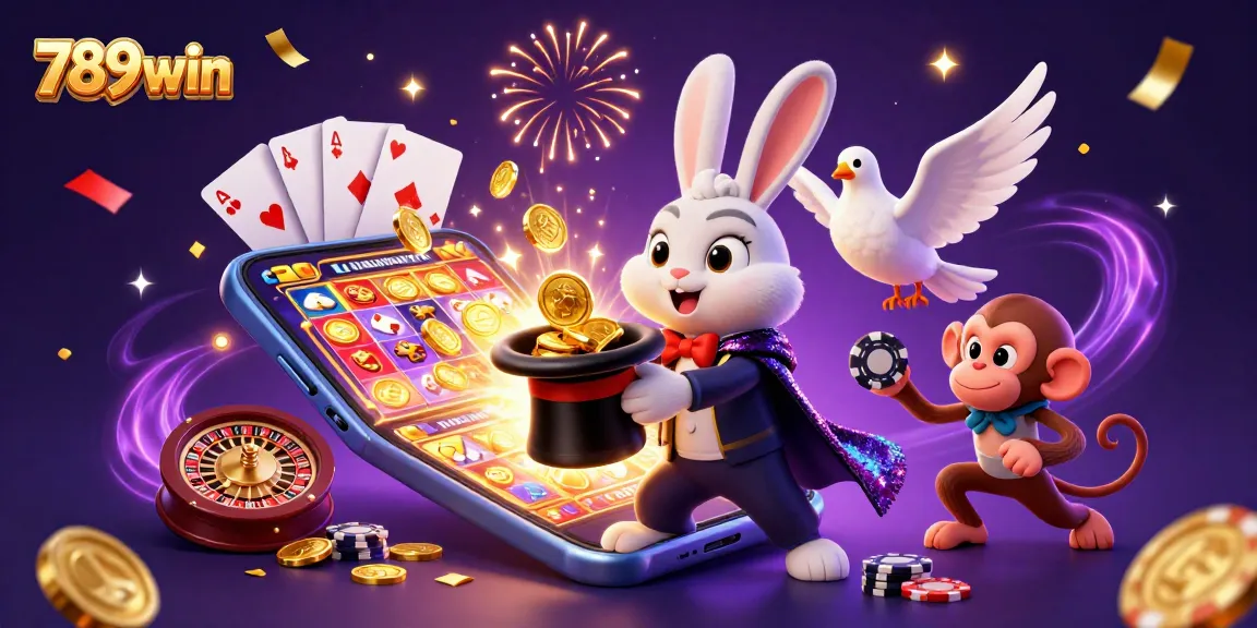 Experience the excitement of 789win with a magical scene of characters pulling in coins and chips.