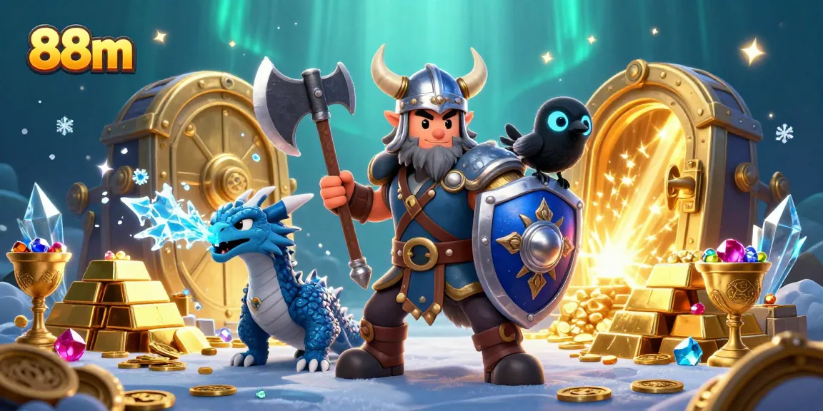 Experience the thrilling adventures of gambling with 88m featuring a Viking warrior and treasure in a dynamic casino scene.