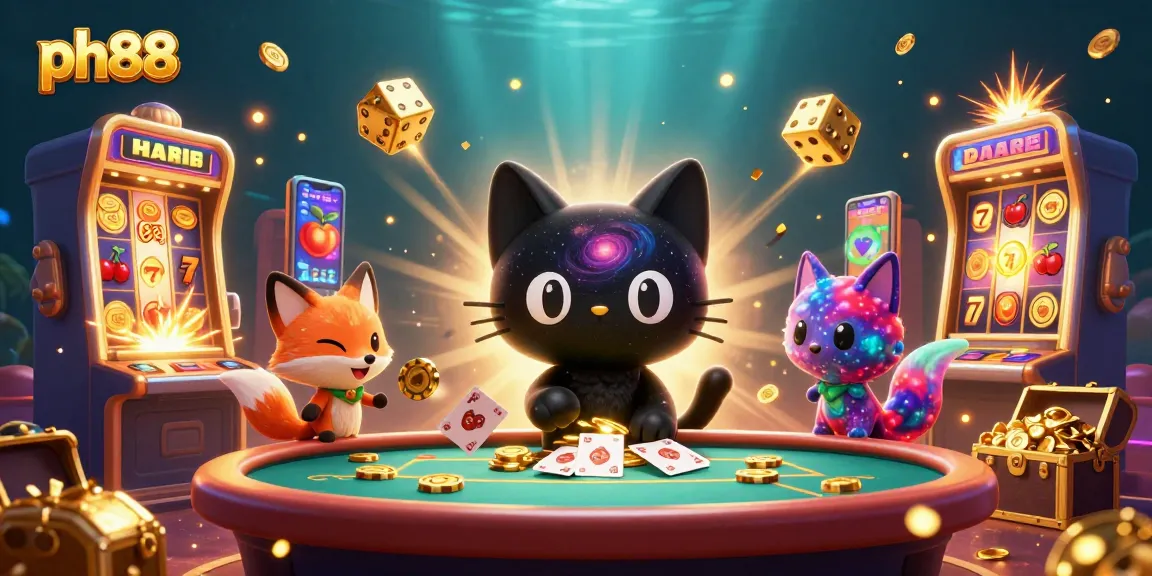 Experience the thrill at ph88 with a cosmic cat and nebula fox amidst a vibrant casino scene.