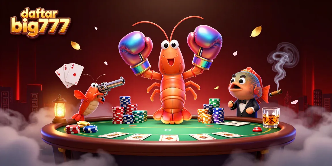 Engage with daftar big777 in a vibrant casino scene featuring 3D cartoon shrimp characters surrounded by poker elements.