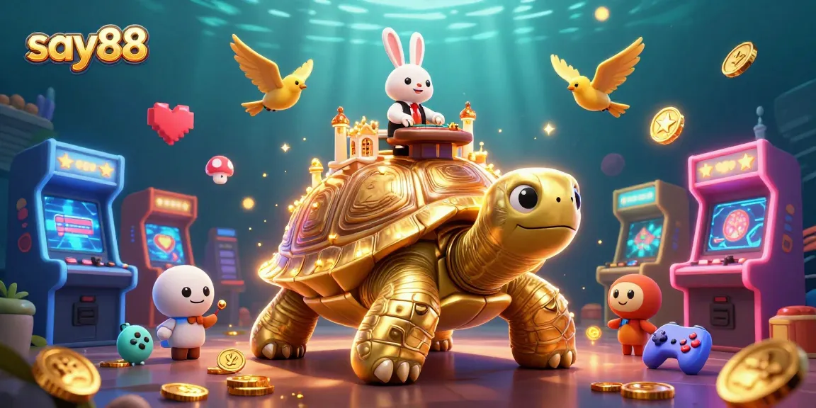 Experience excitement at say88 with a golden tortoise casino and a rabbit dealer in this vibrant illustration.