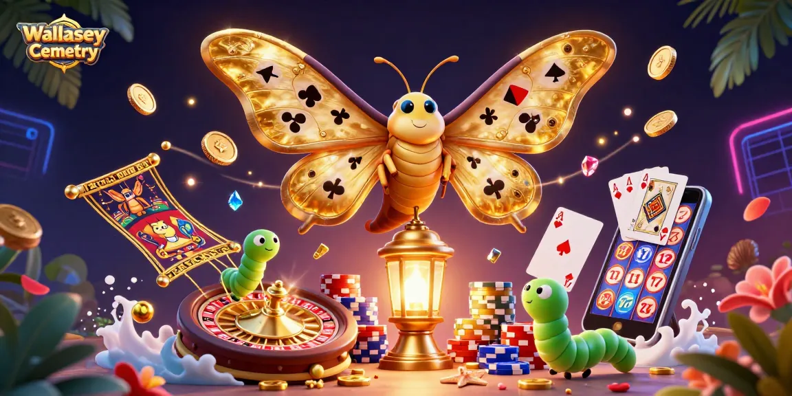 Engaging casino scene with Wallasey Cemetery elements featuring a colorful array of poker chips, coins, and moths.