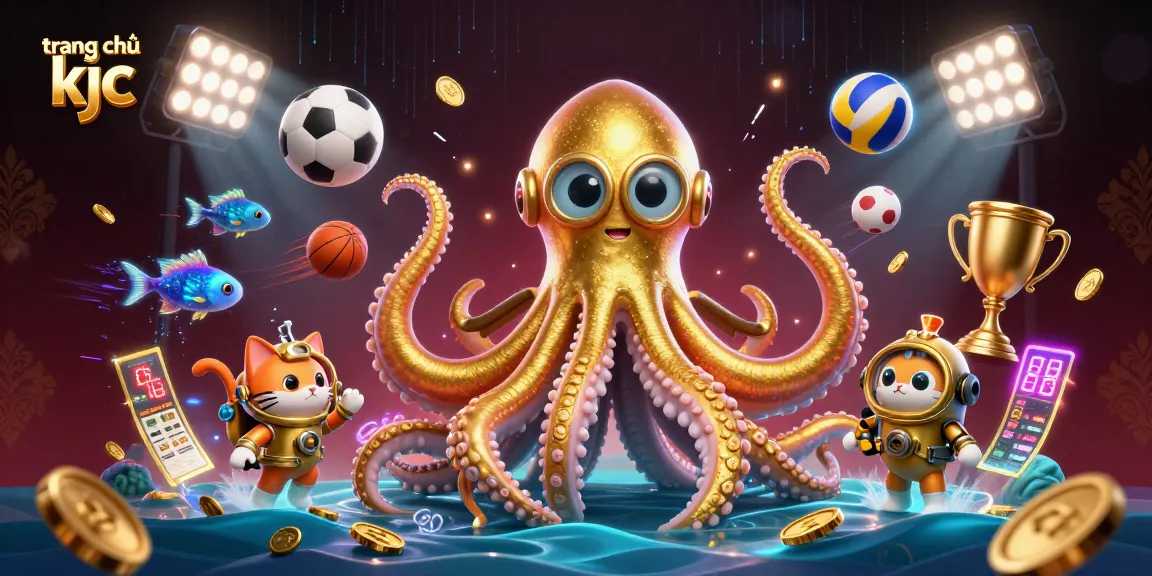 Experience excitement at trang chủ kjc with a dynamic scene featuring a colossal kraken, diving cat, and sports elements.