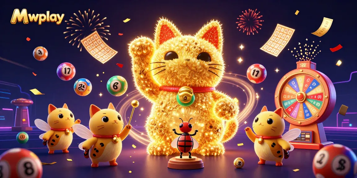 Mwplay celebrates with a dynamic, colorful casino scene featuring a lucky cat and festive gaming elements.