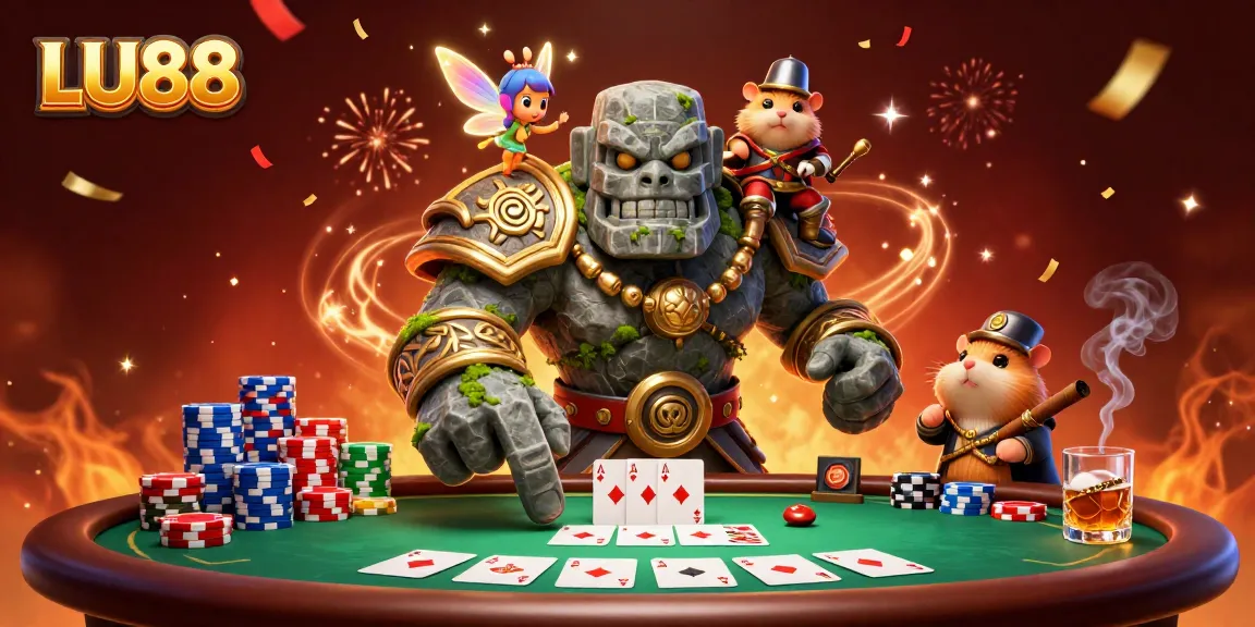 Engage in electrifying gameplay with LU88, featuring a golem guardian, sparkling fairy, and hamster knight