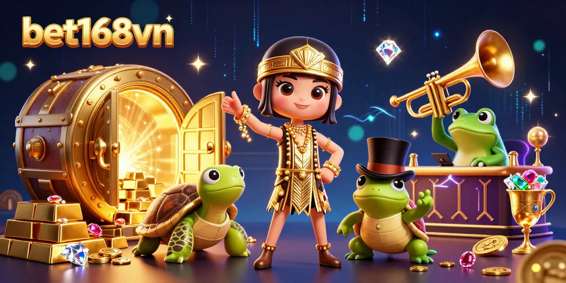 Experience the excitement of bet168vn at a vibrant casino bar with stunning 3D characters and gold treasures.