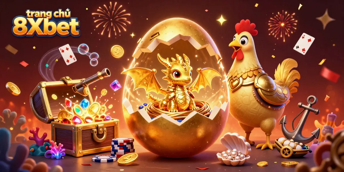 Watch the colossal golden egg crack open at trang chủ 8Xbet, revealing a stunning golden dragon amidst casino treasures.