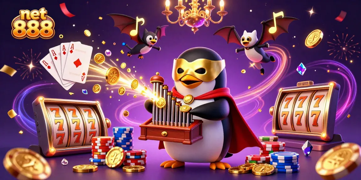 Experience thrilling gameplay with net 888 featuring a penguin in a casino scene filled with slots.