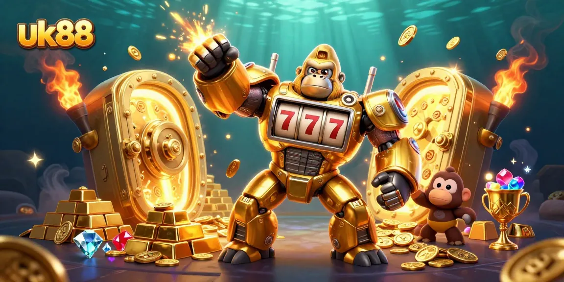 Experience thrilling gameplay with uk88's vibrant 3D casino scene featuring a golden mech and treasure