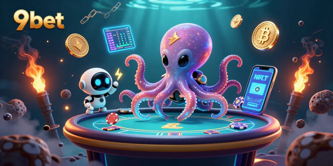 Engage in thrilling gameplay with 9bet's alien octopus at a holographic poker table, surrounded by digital crypto.