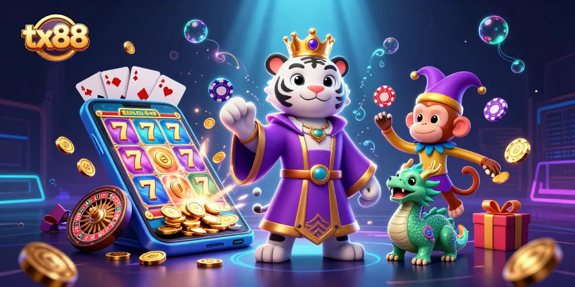 Engage with tx88 through exciting slot game elements featuring a cartoon tiger and vibrant graphics.
