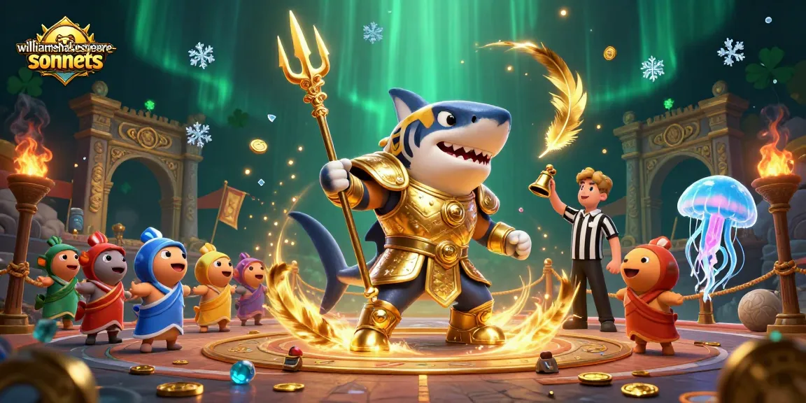 Engage in thrilling action at williamshakespeare-sonnets with a vibrant underwater casino setting showcasing a golden shark gladiator.