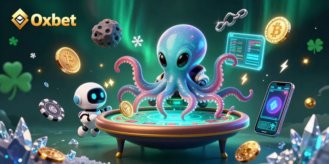 Engage in thrilling gameplay at Oxbet with an exciting 3D illustration of an alien octopus at a holographic poker table surrounded by crypto elements.
