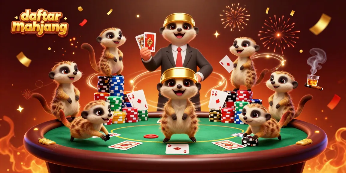 Engage in daftar mahjong with exciting meerkats at a vibrant casino table, winning chips and fun!