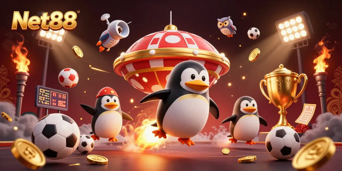 Experience thrilling action with Net88, as the golden penguin soars past a casino-shaped space station amidst dynamic sports elements.
