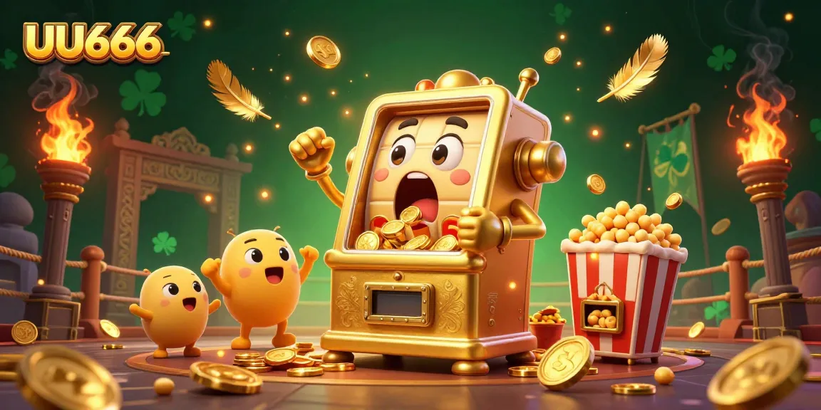 UU666 slot machine celebrates a jackpot in a vibrant casino scene with coins and cheering baby slots.