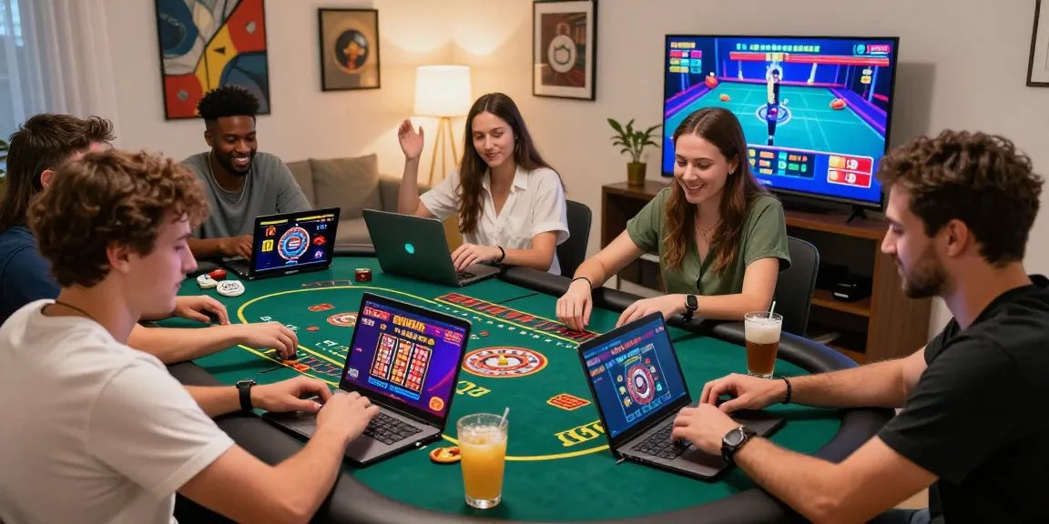 Dewavegas players enjoying an exciting online casino experience with live games, laptops, and snacks in a cozy setting.