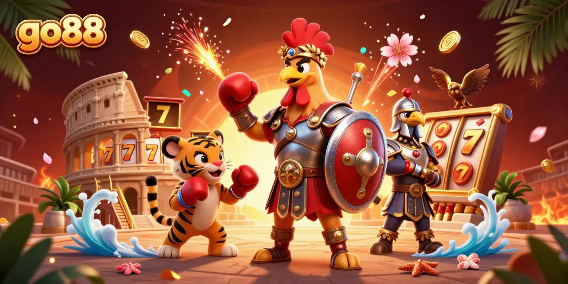 Engage in thrilling gameplay at go88 with 3D championship gladiator rooster and lucky symbols.