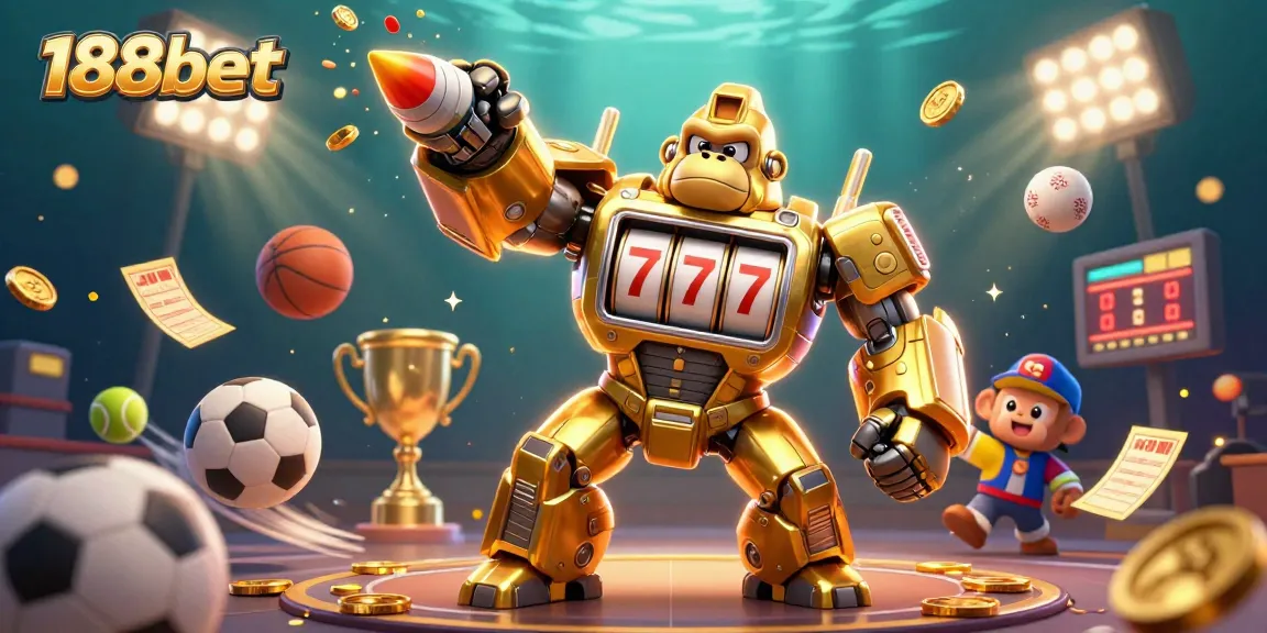 Engage in thrilling gameplay with 188bet, featuring an explosive scene with golden gorilla mech and sports elements.