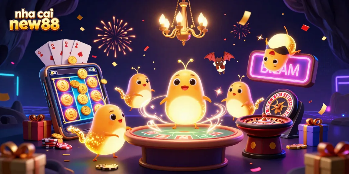 Engage with the nha cai new88 vibrant casino scene featuring glowworms and a bat dealer.