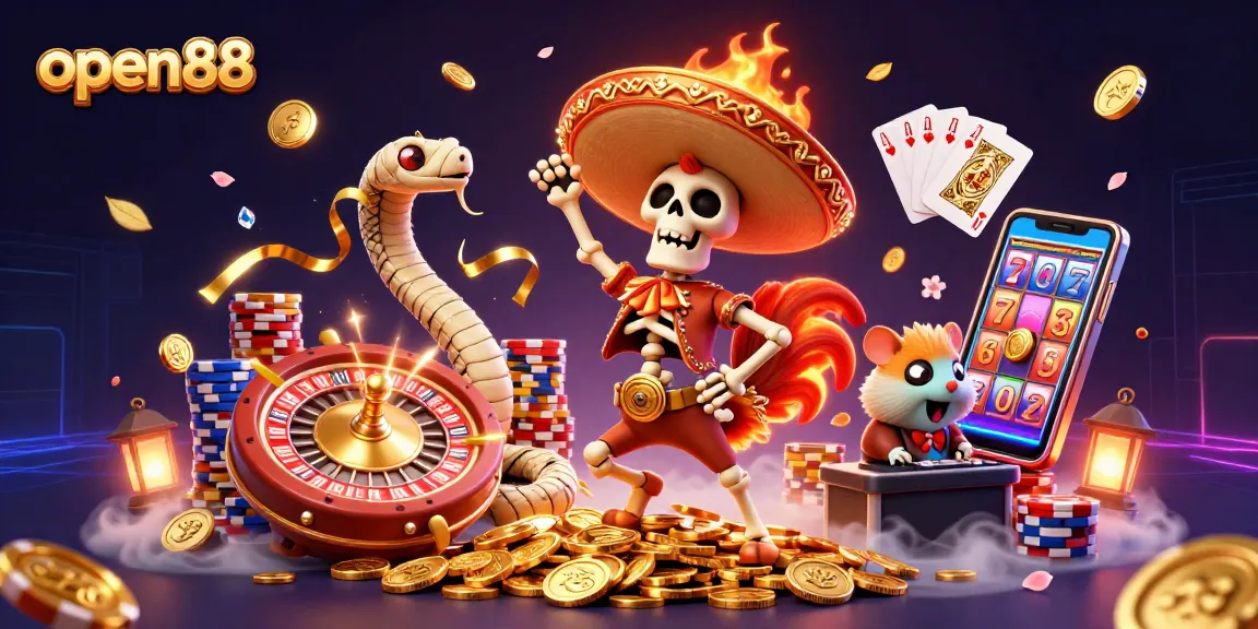 Experience thrilling gameplay at open88 with a vibrant casino scene featuring animated characters, coins, and roulette.