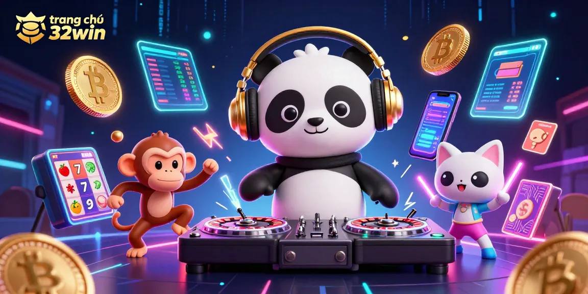 Engage with the vibrant energy of trang chủ 32win through a lively 3D casino scene including DJ panda and monkey.