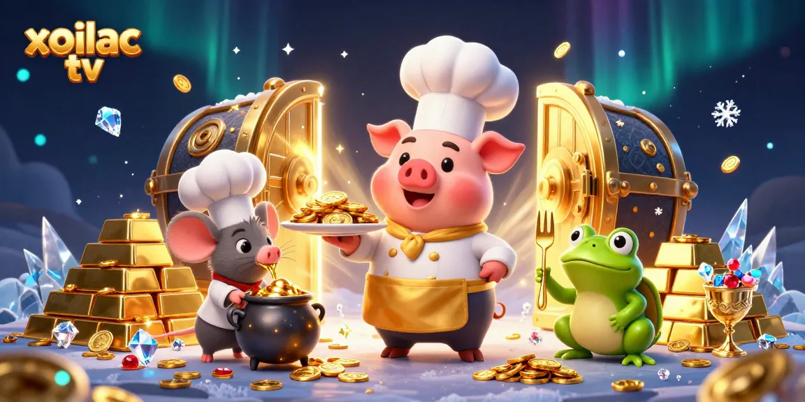 Xoilac TV showcases vibrant gold coins as gourmet food in a 3D cartoon scene, perfect for bettors.