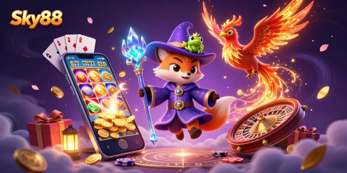 Spin jackpots and win with Sky88 in a vibrant 3D casino scene featuring magic and excitement.