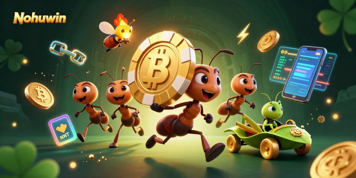 Nohuwin showcases a thrilling 3D heist scene with ants, poker chips, and crypto elements.