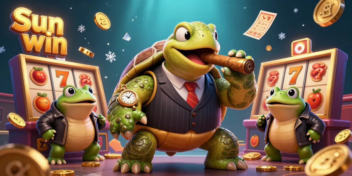 Play to win at Sun win with a dynamic illustration of a casino scene featuring engaging slot machines and fun characters.