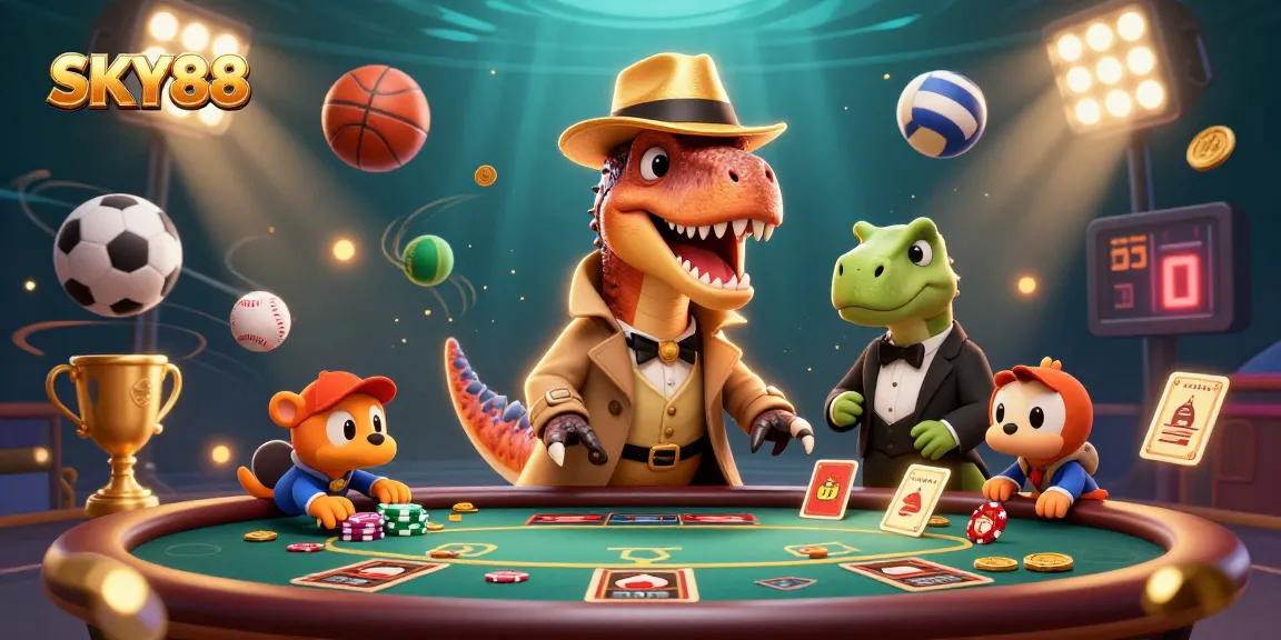 Engage with SKY88's thrilling gaming atmosphere while a velociraptor attempts to blend in as a card counter.