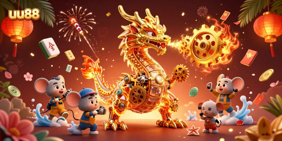 Engage in thrilling gameplay with uu88, where a dragon breathes gears amidst festive casino elements.