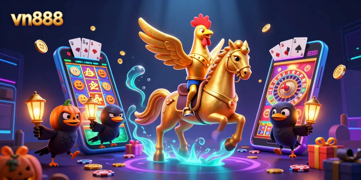 Win big with vn888 in this vibrant fantasy casino scene featuring a golden rooster and glowing game elements.