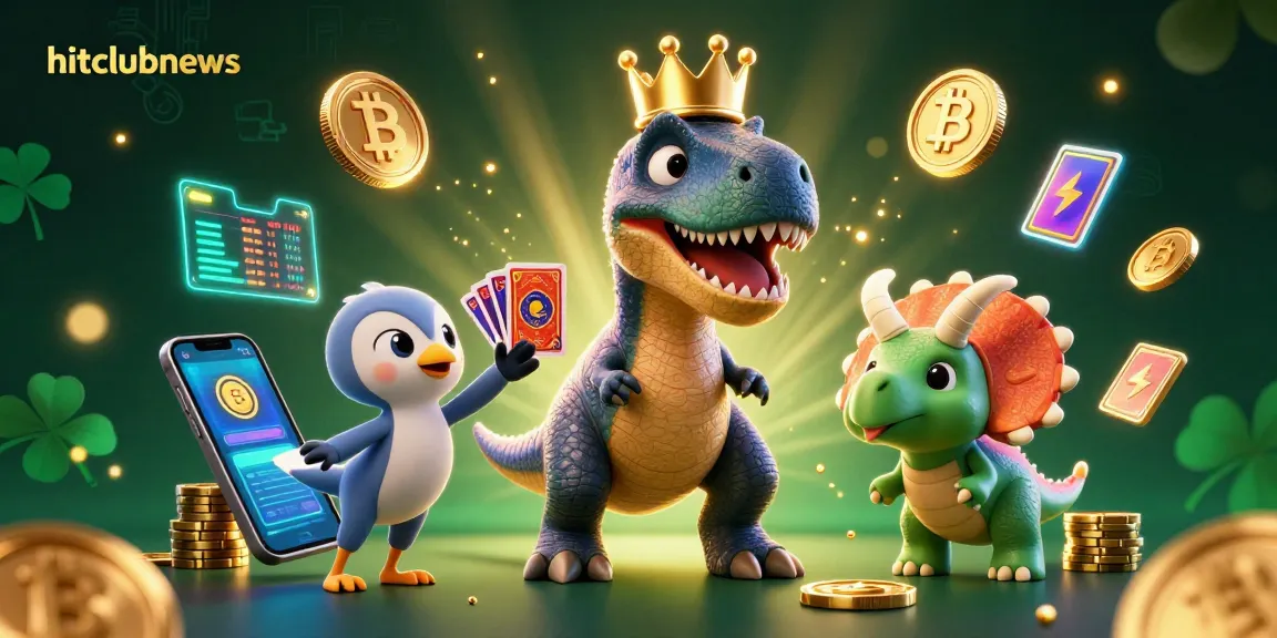 Hitclubnews showcases a T-Rex and Dino theme in a vibrant casino illustration while shuffling cards.