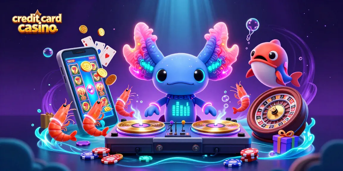 Experience vibrant gaming excitement in a credit card casino scene with neon characters and slot games.